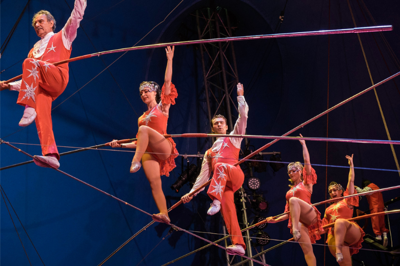 Tightrope-walkers from Circus Flora perform at The Big Top in St. Louis.