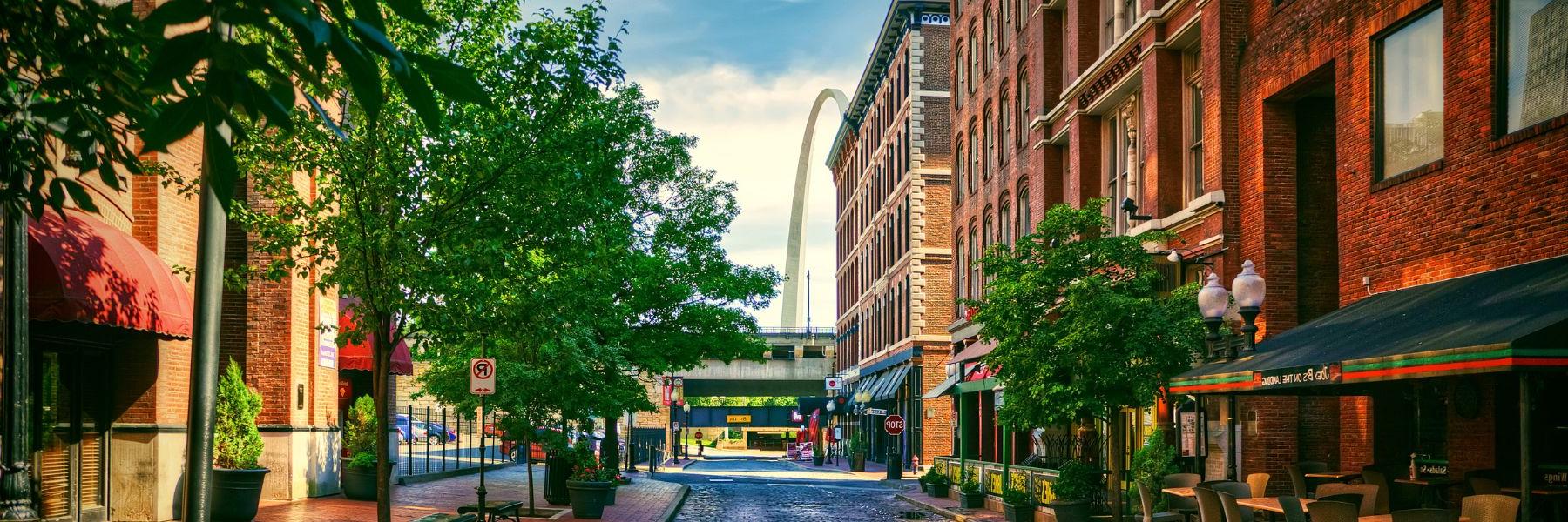 Laclede’s Landing, a riverfront district in St. Louis, combines 19th-century architecture and 21st-century entertainment.