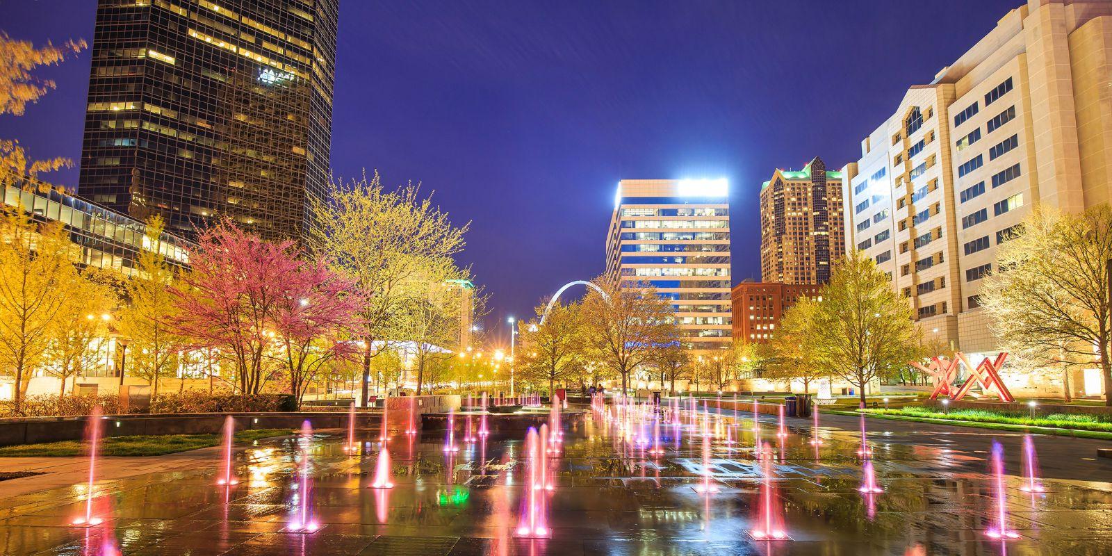 Citygarden lights up St. Louis' downtown core at night.