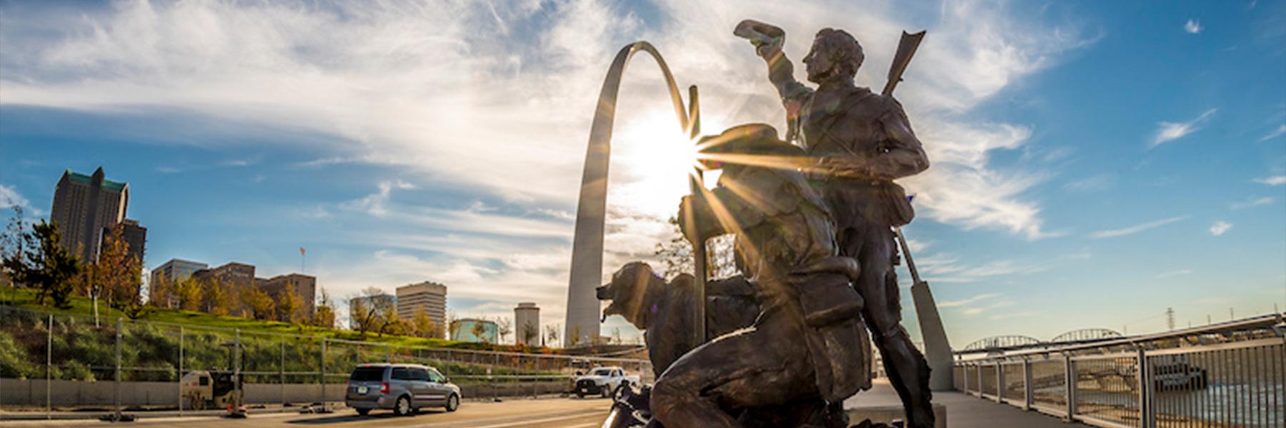 A statue on the Gateway Arch Grounds pays tribute to Lewis & Clark.