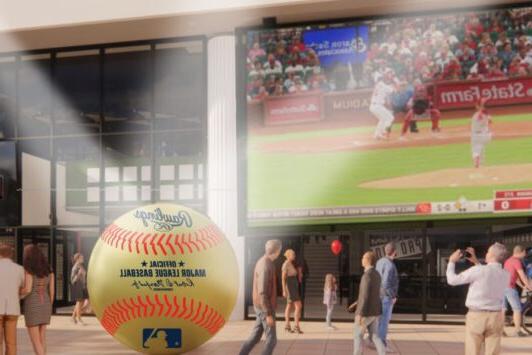 罗林斯体验馆以纪念棒球为特色, a glove vault, a glove bar, 击球练习场和球员出场室.